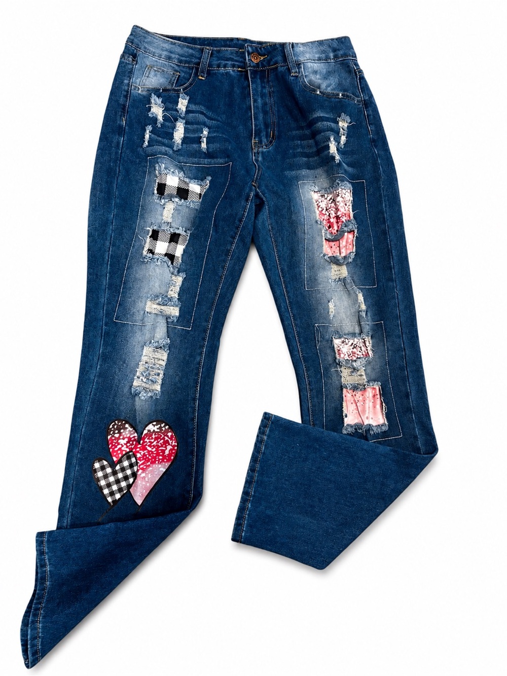 Boutique Patchwork Distressed Heart Jeans Women’s Medium Boho Valentine Denim